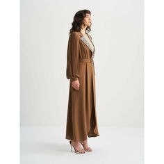 Pleated Sleeves Open Front Abaya with Sequin Design - Handmade. Luxury Gold Long Sleeve Abaya, Gold Floor-length Bohemian Abaya, Luxury Embellished V-neck Abaya, Elegant Long Sleeve Brown Abaya, Luxury Bohemian V-neck Abaya, Ribbed Jacket, Pleated Sleeves, Sand Beige, Front Design