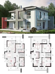 two story house plans with different levels and floor plans for each room in the house