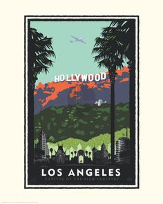 the hollywood poster is shown with palm trees in front of mountains and buildings, as well as an airplane