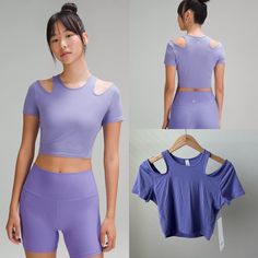 New Color: Dark Lavender Designed For Yoga Naturally Breathable, Modal-Silk Blend Fabric(Click To Expand) Tight Fit, Cropped Length(Click To Close) Contours Your Body Cut Above The Waistperfect With High-Rise Pants Purple Short Sleeve Activewear For Workout, Lavender Activewear For Gym In Summer, Purple Workout Tops For Summer, Lavender Summer Activewear For Gym, Spring Sports Purple Top, Stretch Lavender Sports Top, Lavender Stretch Sports Top, Lavender Sports Top With Stretch, Lavender Athleisure Top For Yoga