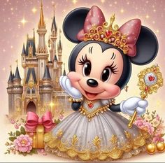 a cartoon mouse in front of a castle wearing a tiara and holding a key