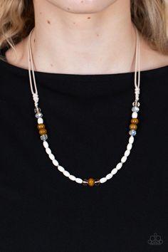 An earthy assortment of brown or blue wooden, white stone, and crystal-like beads are knotted in place along the bottom of shiny cording below the collar for a naturally beautiful finish. Features an adjustable clasp closure. Earthy Necklace, Urban Jewelry, Dainty Band, Coil Bracelet, Brown Necklace, Paparazzi Accessories, Stretchy Bracelets, Naturally Beautiful, Paparazzi Jewelry