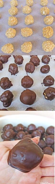 chocolate covered cookies are being made on a baking sheet and then placed in a pan