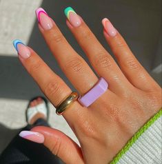 Multi Color French Tip Nails, Multi Color French Tip, Color French Tip Nails, Color French Tip, Uñas Ideas, Bday Nails, Colour Tip Nails, Easy Nails, Summery Nails