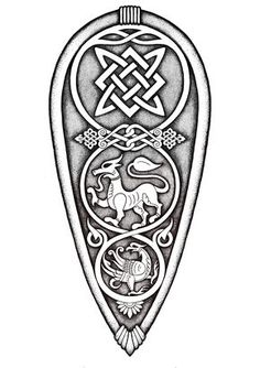 an image of a celtic design with animals and symbols on it's back side