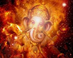 an image of the god ganesha with fire and stars in the back ground