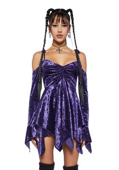 Current Mood Off The Shoulder Velvet Handkerchief Mini Dress - Purple – Dolls Kill Halloween Costume Boots, Rave Fit, Current Mood Clothing, Pixie Outfit, Wedding Dresses High Low, Fairy Clothes, Purple Halloween, Handkerchief Dress, School Clothes