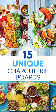 the cover of 15 unique charcuterie boards is shown with different foods on it