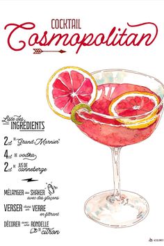 a watercolor drawing of a cocktail with grapefruit and lemon