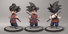 three figurines of the same character in different poses