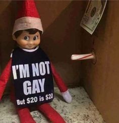 an elf is sitting in the corner of a room with money on the shelf and a t - shirt that says i'm not gay but $ 20 is $ 20