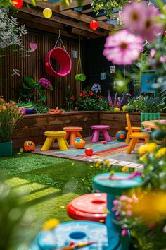 colorful children's play area with toys and flowers