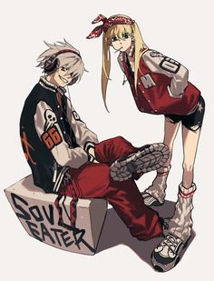 two anime characters sitting next to each other on top of a box with graffiti written on it