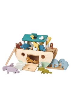 a wooden toy boat filled with animals