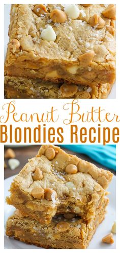 peanut butter blondies recipe with white chocolate chips on top and in the middle, stacked together