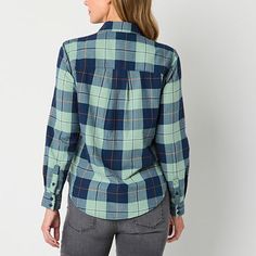 Update your wardrobe with quality essentials for cooler temps with this St. John's Bay women's plaid long-sleeve shirt. Crafted from 100% cotton, this button-down features a chest pocket, cuffed sleeves and a curved hem for easy layering. Wear it with jeans and boots.Features: EssentialsClosure Type: ButtonFit: Regular FitNeckline: Collar NeckPockets: 1 Front Slip PocketSleeve Length: Long SleeveApparel Length: 28 Inches - FrontFiber Content: 100% CottonFabric Description: TwillCollar: Button D… Cotton Flannel Workwear Shirt With Buttons, Cotton Flannel Workwear Shirt, Cotton Flannel Shirt For Workwear, Green Relaxed Fit Button-up Flannel Shirt, Green Cotton Flannel Workwear Shirt, Green Cotton Flannel Shirt For Work, Green Button-up Flannel Shirt, Green Everyday Shirt With Buttons, Update Your Wardrobe