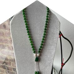 Long Jade Necklace For Gift, Jade Long Necklace With Natural Stones, Long Jade Necklace With Natural Stones, Spiritual Lariat Necklace With Round Beads, Elegant Necklace With 108 Beads Pendant, Handmade Long Jade Necklaces, Handmade Long Jade Necklace, Elegant Hand-strung Agate Necklace, Lariat Necklace With Natural Stones For Healing