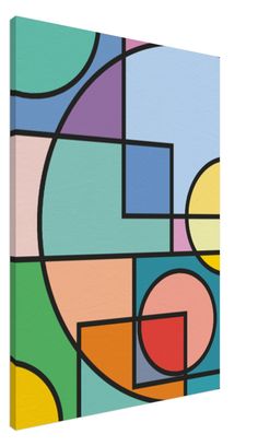 an abstract painting with different colors and shapes on the canvas, including circles and rectangles