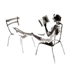 a drawing of a person sitting in a chair with a book on their lap, reading