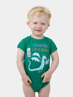 This baby onesie is based on Adam Rubin’s Dragons Love Tacos books illustrated by Daniel Salmieri. 100% cotton bodysuit Distressed, softened print Color: kelly green Each purchase helps to fund literacy programs and book donations to communities in need.