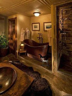 a bath room with a tub a sink and a mirror on the wall in it