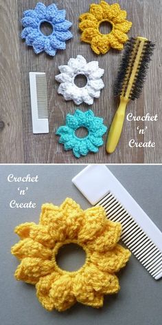 crocheted hair accessories and combs on a wooden table with instructions for how to make them