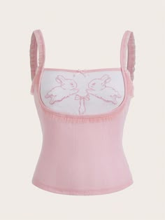 Pink Casual Collar  Fabric Cartoon Cami Embellished Medium Stretch  Women Clothing Melanie Martinez Aesthetic Outfits, Strawberry Tank Top, Pink Cami Top, Kawaii Rabbit, Top Shein, Rose Bonbon, Rabbit Print