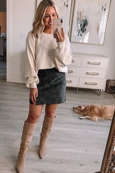 Neutral Knee High Boots Outfit, Beige Suede Skirt Outfit, Camel Color Boots Outfit, Tall Beige Boots Outfit, Winter Work Outfits For Women Business, Business Casual Outfits For Women Skirt, Tall Tan Boots Outfit, Tall Boots Outfit Fall, Winter Leather Skirt Outfit