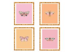 four framed pictures with butterflies on them in pink, yellow and orange colors against a white background