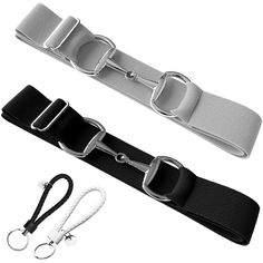 two black and white leashes with metal buckles on each side, one in the middle