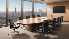 an empty conference table with chairs in front of a large window overlooking the cityscape