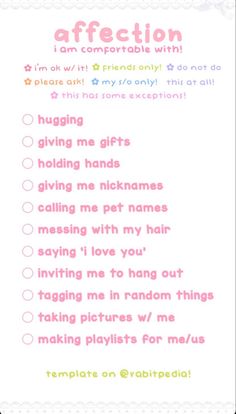 a pink and white checklist with the words affection written in different languages on it