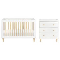 two white cribs and a dresser against a white background, one with gold handles