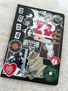 a book with many stickers on it