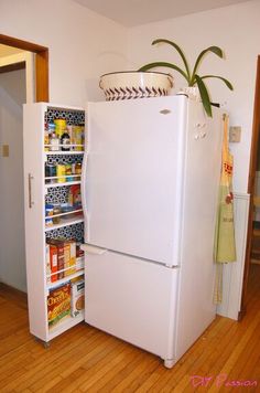 a white refrigerator freezer sitting in a kitchen next to a potted plant on top of it