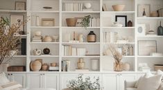 a living room filled with lots of white bookshelves and vases on top of them