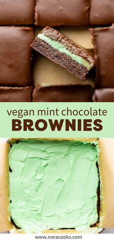 vegan mint chocolate brownies with green frosting on top and in the middle