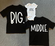 Baby Announcement T-shirts, Big, middle, little shirts, Sibling t-shirts, Famil t-shirts, third baby shirts Cute Tops With Funny Text For Family Events, Cute Tops With Funny Text For Family, Black Top With Name Print For Gender Reveal, Third Baby Announcement, Third Baby Announcements, Big Brother Big Sister, Sibling Shirts, Third Baby, Cute Shirt Designs