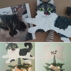 two pictures of cats on top of a christmas tree and one has a cat ornament hanging from it