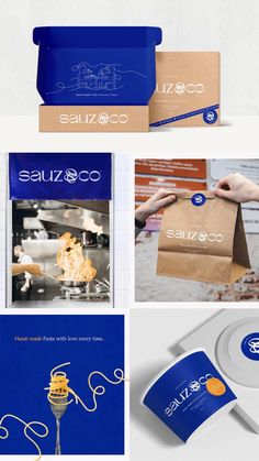 the packaging design for sauzco is shown in blue and white, with an image of