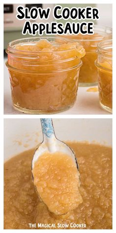 two pictures showing how to make slow cooker applesauce