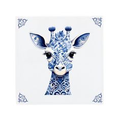 a blue and white giraffe with ornate designs on it's face is shown