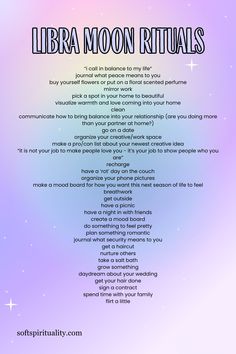 the poem libra moon rituals is written in black on a purple and blue background