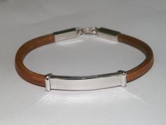 Sterling Silver.925 and Natural Brown Leather Handcrafted Bracelet Bangle Cuff Classic Engraved Brown Leather Bracelet, Classic Brown Engraved Leather Bracelet, Rectangular Leather Jewelry With Engraving, Rectangular Leather Engraved Jewelry, Sterling Silver Classic Leather Bracelet As Gift, Leather Bracelet With Palladium Hardware As Gift, Classic Sterling Silver Leather Bracelet Gift, Brown Leather Bracelet With Palladium Hardware, Everyday Engraved Brown Leather Bracelet