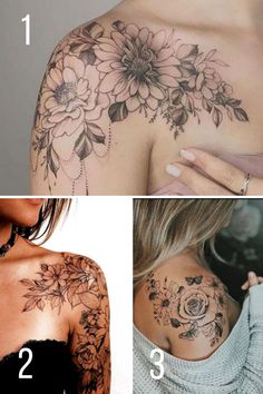 three pictures showing different types of tattoos on women's shoulder and chest, one with flowers