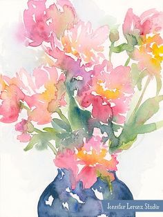 a watercolor painting of flowers in a blue vase