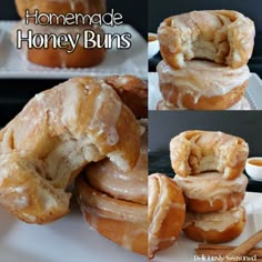 homemade honey buns stacked on top of each other