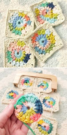 crocheted coasters are being worked on by someone using the same yarn technique