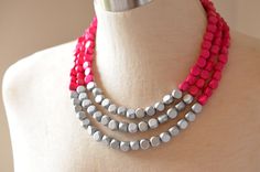 Hot Pink Wood Statement Necklace Beaded Multi Strand Necklace - Lisa Pink Statement Necklace, Necklace Wood, Silver Jewelry Box, Silver Wood, Pink And Silver, Chunky Necklace, Multi Strand Necklace, Strand Necklace, Multi Strand