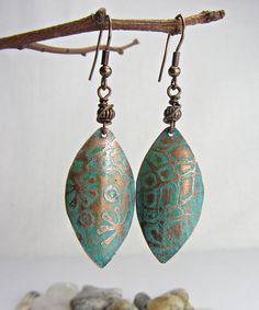 Elegant Turquoise Long Leaf Earrings Copper Handmade Jewelry - Etsy Artistic Copper Earrings With Patina, Rustic Bronze Earrings With Patina, Unique Patina Copper Earrings, Unique Copper Earrings With Patina, Artistic Metal Jewelry With Patina, Rustic Bronze Patina Earrings, Artisan Drop Earrings With Patina, Artisan Earrings With Patina For Gifts, Artisan Patina Earrings As A Gift